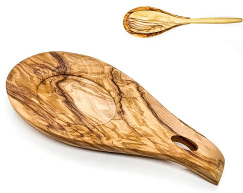 Repose Cuillère en Noyer, Cuillère Repose en Bois Naturel, Repose-Ustensiles de Cuisine en Bois, Repose-Cuillère Résistant à la Chaleur, Porte-cuillère Pour Cuisinière (or-1Pcs, bois d'olivier-1Pcs)