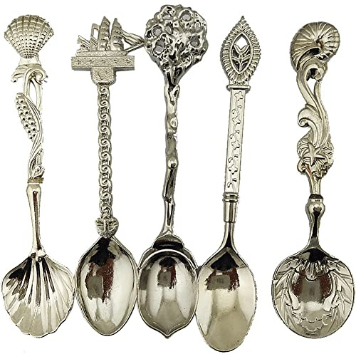 Casiler 5 Pcs Vintage Coffee Spoons Metal Carved Teaspoon Ice Cream Fruit Dessert Spoons Coffee Espresso Tea Spoon Cutlery Set