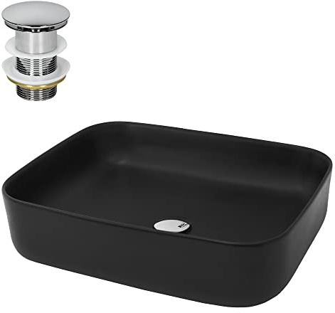 ML-Design Lavabo da Appoggio Nero Opaco 51x40,5x13,5 cm con Set di Scarico in Ottone Cromato Valvola Drenaggio Lavello Sanitari da Bagno Lavandino Design Moderno Piletta Pop-Up
