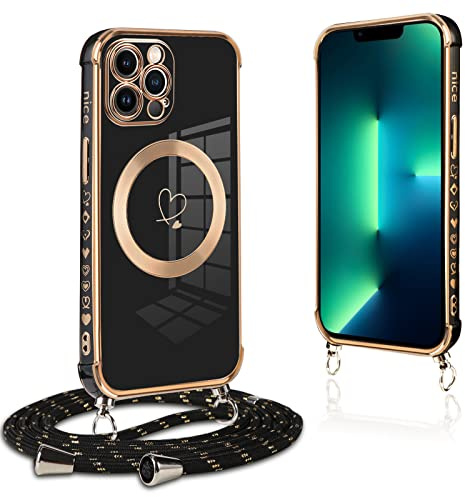 Pnakqil Handykette für iPhone 13 Pro Max Hülle mit Band, Handyhülle Ultra Dünn Silikon Magnetisch mit Herz Love Muster Schutzhülle mit um Umhängen Kordel für iPhone 13Pro Max 6.7, Stoßfest, Schwarz