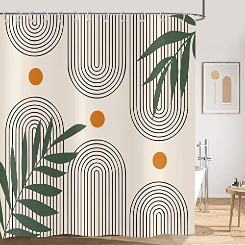 Hnmdmyi Duschvorhang Boho 180x180, Mid Century Abstrakt Grün Blätter Bogen Sonne Badewanne Vorhang Modern Minimalistisch Geometrisch Ästhetisch Kunst Wasserdicht Polyester Stoff Waschbar Badevorhang