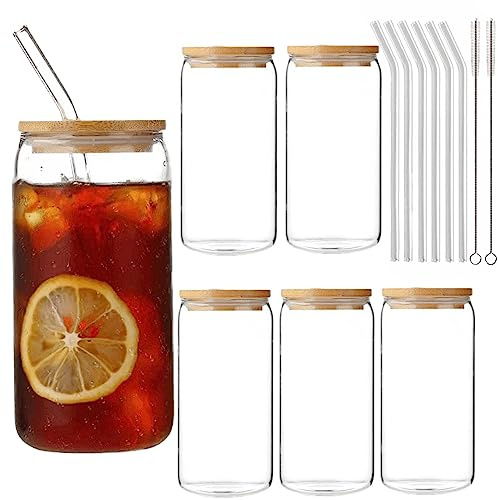 Vasos de vidrio transparentes de 480 ml con tapa de madera y popote de vidrio, vasos reutilizables en forma de lata para bebidas frías, jugos, café, cóctel, whisky (6 unidades)