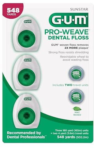 GUM Pro-Weave Woven Dental Floss, Shred Resistant Waxed Floss, Mint Flavored, 3 Count + 2 Travel Units
