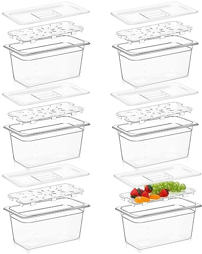 Sunnyray 6 Set 1/3 Size Polycarbonate Food Pans with Lids and Drain Shelf Clear Square Food Storage Containers for Kitchen Restaurant Fruit Vegetable Food Container and Storage (6 Inch Deep)