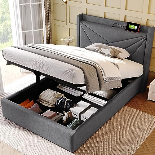 Dolamaní Polsterbett Einzelbett 90x200 cm mit Stauraum Bettkasten und USB Typ C Ladefunktion Kopfteil, Leinenstoff Jugendbett Erwachsenenbett Grau