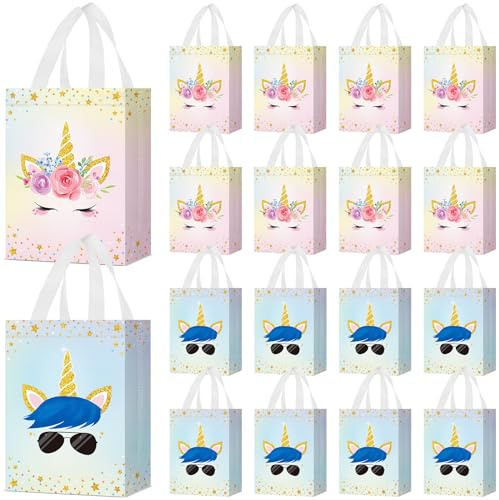 Locmeo Einhorn-Partytüten mit Griffen, wiederverwendbar, nicht gewebt, Rosa und Blau, Süßigkeiten-Geschenktüten für Mädchen und Jungen, 20,3 x 10,2 x 25,4 cm, 24 Stück