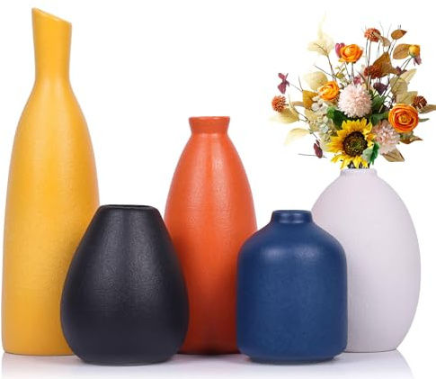 Bunte Keramik-Blumenvasen im 5er-Set - Mehrfarbig Gelb, Orange, Blau, kleine Vasen für Heimdekoration - Ideal für Wohnzimmer, Küche, Büro, Badezimmer, Kaminsims, Eingang, Bauernhaus und