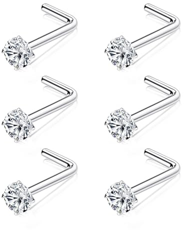 Chriscoco G23 Titan Nasenpiercing Stecker Nasenstecker Nostril Piercing | 18G/20G Piercing Nase Gold Silber für Damen Herren,3mm CZ Nasenpiercing Set,L Form Screws Nose Piercing