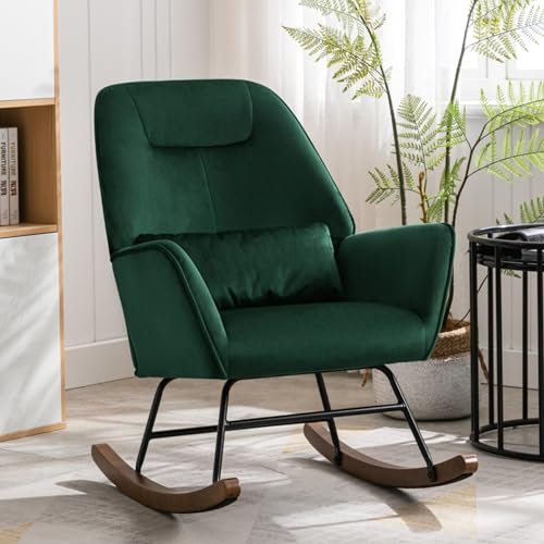 Schaukelstuhl Schaukelsessel Samt Sessel Wohnzimmer mit verdickte Kopfstütze und Holzsockel Moderne Polstersessel Relaxstuhl für Schlafzimmer Kinderzimmer Hotel Grün