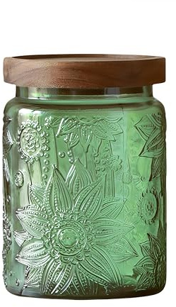 ANSQU Vintage 23.7oz Glass Storage Jar with Solid Wood Lid - Sunflower Kitchen Canister for Tea, Coffee, Candy, Cookies, Bath Salts & Laundry Detergent - Decorative Multi-Purpose Jar (Green, 1 Pack)