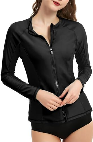 LilyCat Camiseta de protección solar UV para mujer, UPF 50+, manga larga, cremallera frontal, protección solar UV, traje de baño para mujer, Negro -, XL
