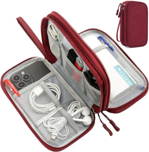 CAAORDKSO Organizador electrónico de viaje para cables, funda para cable, USB, cable, cargador, teléfono, banco de energía, auriculares (rojo vino, grande)