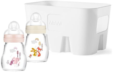 MAM Feel Good Combi - Set di 2 biberon in vetro (170 ml), con tettarella, misura 1 e cestino per bottiglie, set regalo per bambini, dalla nascita, scoiattolo/volpe