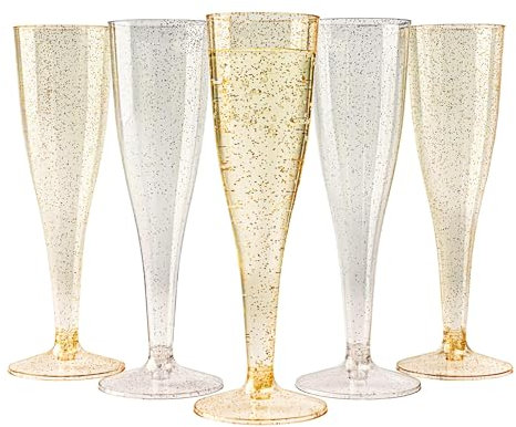 MATANA 240 Premium Plastic Champagne Flutes, 133ml - 120 Gold & 120 Silver Glitter Toasting Glasses for Cocktails, Dessert, Wine - Reusable Plastic Flutes - Prosecco Glasses for Weddings, Parties