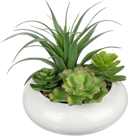 Arborus Plantas suculentas artificiales de 21 cm en macetas, arreglos suculentos de imitación en maceta de cerámica blanca, mezcla falsa de suculentas para dormitorio, baño, escritorio, estante de
