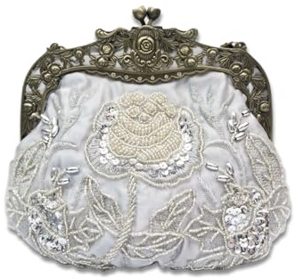 CORIOS Vintage 1920s Perle Sac de Soirée Floral Embrayage pour Femme Paillettes Pochette Sacs à Main D'épaule de Mariée Élégant Sacs Fourre-Tout pour Ceremonie Cocktail Mariage Fête Argent