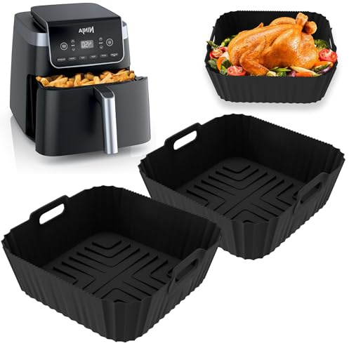 2PCS Air Fryer Silicone Liners for Ninja Air Fryer PRO 4.7L, 6.2L, Dual Air Fryer Silicone Liners Reusable Air Fryer Accessories for Ninja AF140UK AF180UK (Black)