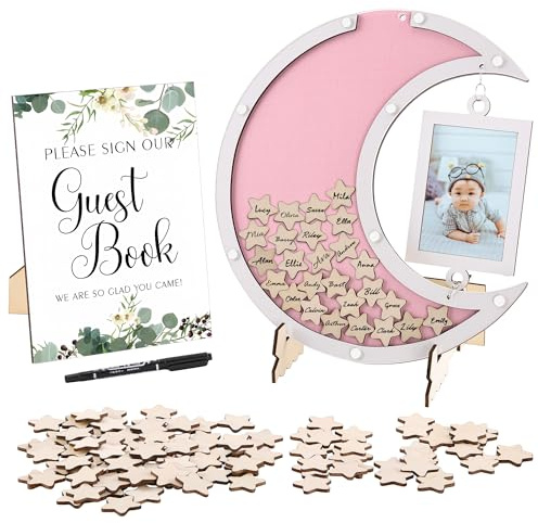Filhome Taufe Gästebuch mit Bilderrahmen und 60 Holz Stren & Holzmond zum beschriften für Babyparty Geburtstag Hochzeit