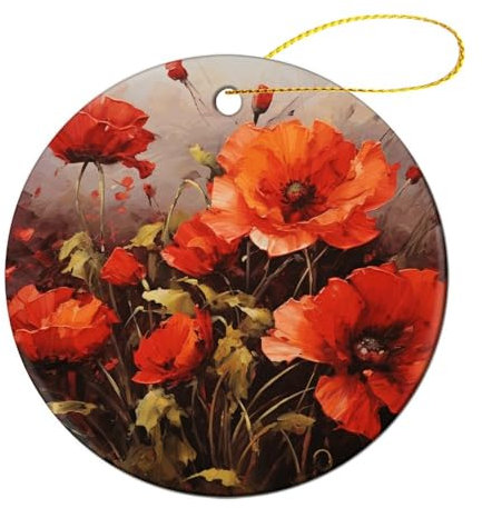 Runde Keramik-Weihnachtsdekoration, Ölgemälde, rote Blume, rund, Weihnachts-Souvenir, Urlaub, hängende Dekoration für Bäume und Häuser, leicht