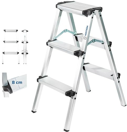 HOSTRÖM Escabeau Marche Pied 3 marches HOMILIX3, Petit escabeau Pliable, Aluminium, Design Compact et Robuste, H Max Travail 2,34m, 5 Ans Garantie