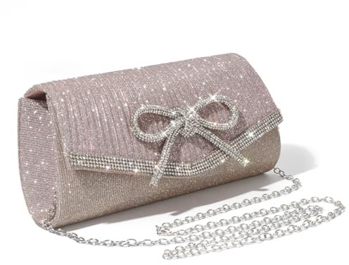 ALUSBELL Elegante Abendtasche mit glitzernder Schleife für Damen, Glitzer-Strasssteine, elegante Clutch, Handtasche, für Hochzeit, Party, Abschlussball, lila, pink