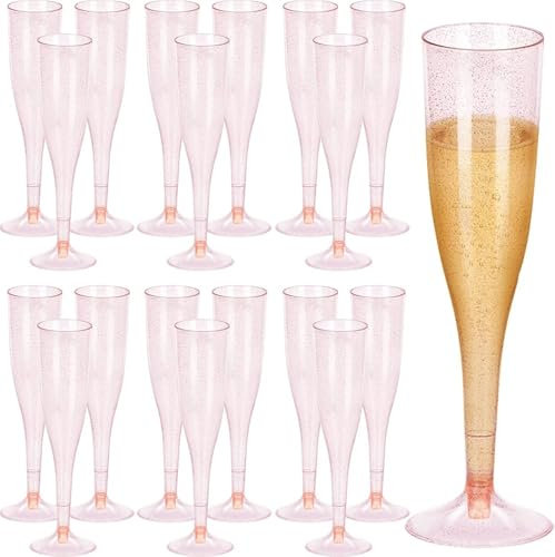 RCJCQSR Confezione da 60 flute da champagne in plastica color oro rosa glitterato, 184,3 g, eleganti bicchieri da champagne in plastica trasparente, bicchieri usa e getta, per matrimoni, Capodanno,