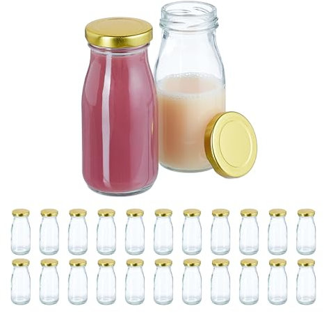 Relaxdays Set Huile vinaigre, 24 Bouteilles en Verre, avec Bouchon hermétique, pour Smoothies, jus, Lait, Transparent/Or