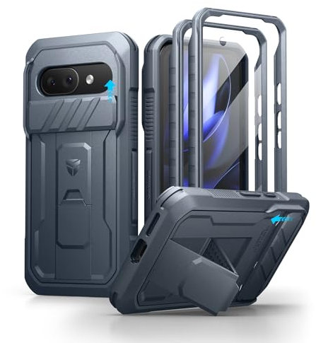Dexnor pour Coque Google Pixel 9A【Double Cadre Avant et Support】 avec CaméRa Coulissante Intégrée & Protecteur d'écran, Coque de Protection Robuste Résistante Aux Chocs - Bleu Marine
