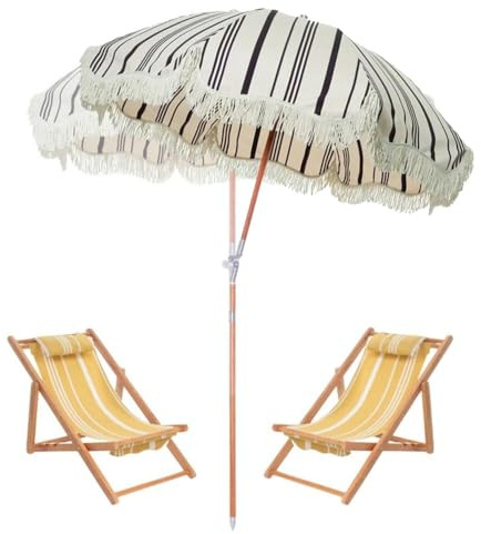 ZYXQQJ Parasol De Plage 2m Grand Parasol À Franges Parasol De Terrasse Style Bohème Protection UV, Mât en Bois, Légère Sac De Transport(White)