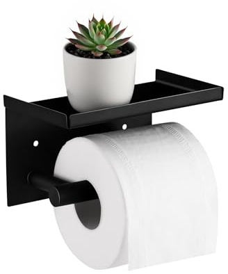 LXAIZHM Klopapierhalter mit 2 Montagemethoden, Toilettenpapierhalter Wandhalterung, Klorollenhalter Ohne Bohren, WC Papier Halterung mit Ablage, Edelstahl, Schwarz