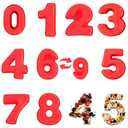 YXHZVON 9 Stück Groß Silikon Anzahl Kuchenform Backformen, 25 cm Zahlenbackform 3D, Antihaftige Backform Zahlen 0-8 für Geburtstag, Hochzeit, Party Dekoration (Rot)