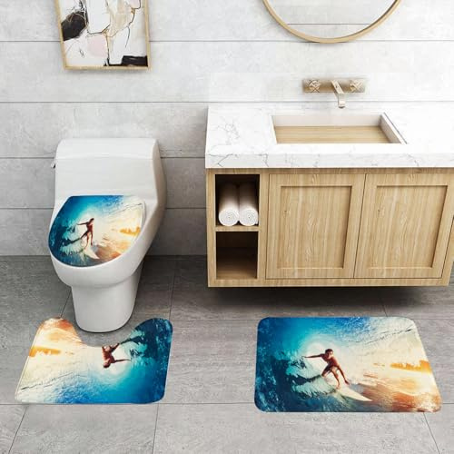 QRFASFZO Set Tappeti Bagno 3 Pezzi in Microfibra, Tappeti Assorbente Antiscivolo,Onda, onda blu a canna con un giovane surfista Attività di sport estremi e divertimento Haw,Tappetini Doccia