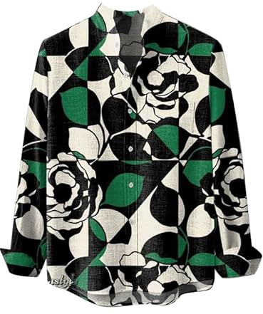 Camisas de Lino de Manga Larga con Cuello Alto para Hombre Camisas Estampadas en 3D con Estampado Floral de Rayas étnicas Vintage para Primavera Otoño Blusa de Botones Cárdigan Tops