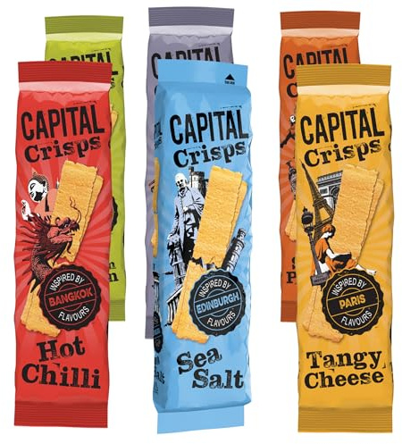 Capital Crisps World Tour 6 Pack Bundle | 6 x 75g Flat Crisps | Variety Snack Selection: Hot Chilli, Sour Cream & Onion, Salt & Vinegar, Smoky Paprika, Tangy Cheese, Sea Salt