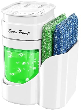 OoNeM | Dispensador Jabon Cocina + 2 Estropajos Antirayaduras | Jabonera Cocina con Uso de Una Mano | Ahorro de Jabón | 450 ml | Dosificador Jabon Cocina