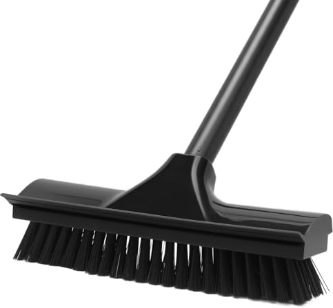 Newthinking Floor Scrubbing Brush, Scrubbing Brush with Long Handle | Long Scrubbing Brush with Squeegee, Heavy Duty Stiff Bristle Floor Brush with Squeegee, Bathroom, Deck, Patio, Black