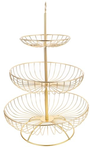 ROMISBABA Cesta de Frutas de Metal Dorado de 3 Niveles Soporte Escalonado para Cocina y Encimera Organizador Multiusos para Almacenar Frutas y Verduras Cesta Resistente para Hogar y