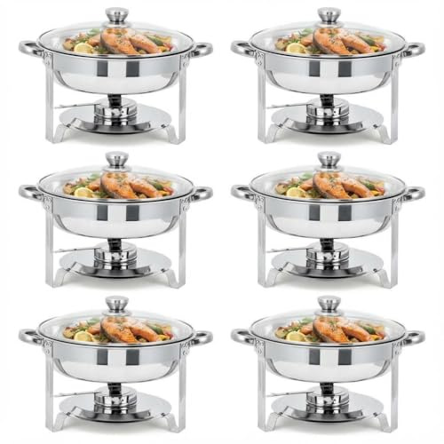 LinTimes 6PCS Round Chafing Dish Buffet Set with Glass Lid, Stackable Stainless Steel Food Warmer Buffet Server, Portable Bain Marie Catering Equipment for Parties Weddings & Events, Silver