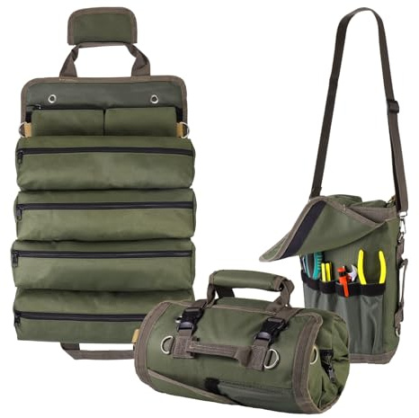 Sac à Outils Enroulable avec 2 Pochettes Détachables, Tissu Oxford Imperméable, Portable Pour Mécaniciens Électriciens
