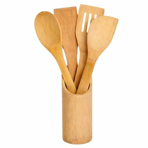PARENCE - USTENSILES DE CUISINE EN BOIS 5 PIÈCES 30 CM – Set Bambou avec Support – Spatules et Cuillère pour Cuisine