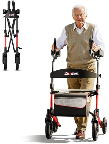 ZIIVIE VS Outdoor Arthritis Rollator mit Unterarmstützen, Leichtgewicht Gehhilfe faltbar mit Sitz & 23cm Wabenreifen, Premium Alu Gehwagen bis 120kg für Senioren & Rheuma, Aufrechte Haltung