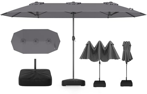 RELAX4LIFE Grand Parasol de Jardin Exterieur avec Pied, 4x2M Parasol Double pour Terrasse/Piscine/Marché, 12 Baleines Renforcées, Manivelle, Protection Solaire pour 6-8 Personnes (Gris)