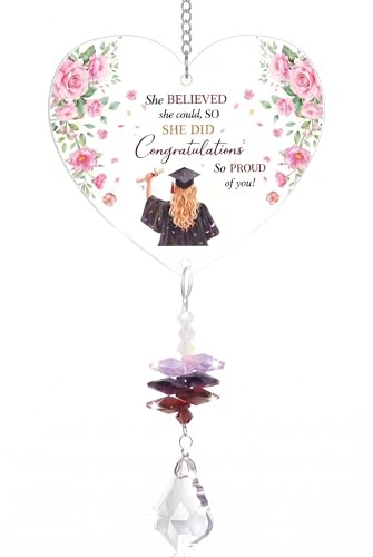 Graduation Gift for Her/Him, Heart-Shaped Acrylic Plaque Crystal Suncatcher, University Graduation Gift for Girls/Boys, Graduation Keepsake Ornament for Student, Friend, Daughter, Son (Pink)