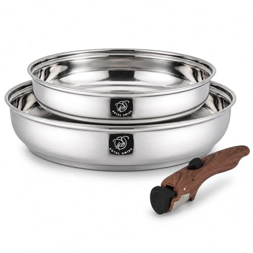 ROYAL SWISS® Juego de sartenes prémium de acero inoxidable, 3 piezas (24 y 28 cm) con mango extraíble, inducción y todo tipo de fuegos, sistema de apilamiento que ahorra espacio, utensilios de cocina