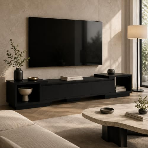 PREMTURE TV-Schrank 270 x 40 x 39 cm aus MDF, Modernes Lowboard in Schwarz, Fernsehtisch mit 3 Schubladen und 2 offenen Fächern, TV-Ständer für alle Fernsehgrößen ideal für Wohnzimmer