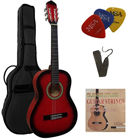 1/2 GITARRE - KONZERTGITARRE IM SET - KINDERGITARRE - CLASSIC - ROT-SCHATTIERT - DECKE LINDENHOLZ - TASCHE - BAND - SAITEN - 3xPIK - J4