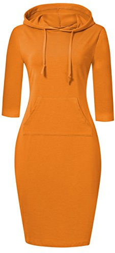 MISSKY 3 4 Sleeve Slim Pocket Casual Sweatshirt Pullover Hoodie Dress (L,Orange)