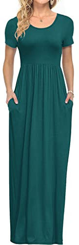 AUSELILY Femmes Maxi Robe Madame Manches Courtes été Casual Longue Robe avec Poches Vert forêt m