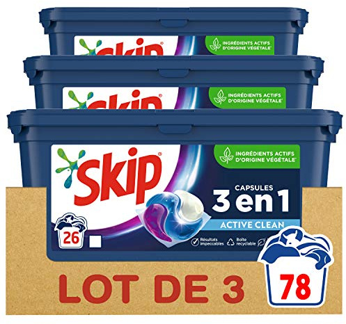 Skip Ultimate Lessive Capsules Trio Active Clean x78, Capsules 3en1, Efficacité, Soin des Fibres et Fraîcheur Longue Durée, 78 Lavages (Lot de 3x26 Capsules)
