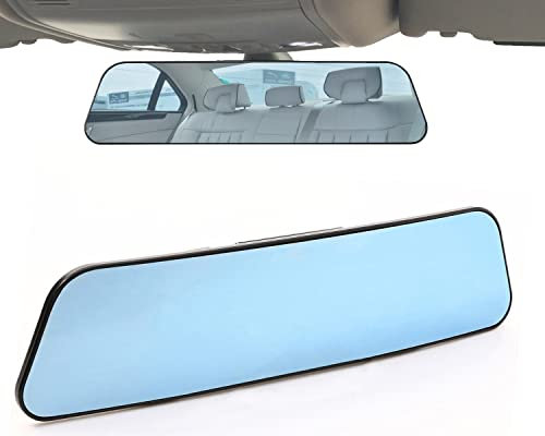 KITBEST Espejo retrovisor de Vidrio de 300mm, espejo panorámico de ángulo amplio convexo con clip en el espejo original para eliminar el punto ciego y el antirreflejo, Azul